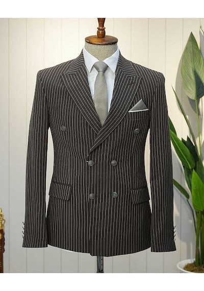 Bys Beystil Sivri Yaka Kahverengi Çizgili Kruvaze Takım Elbise Bezayak - Slim Fit