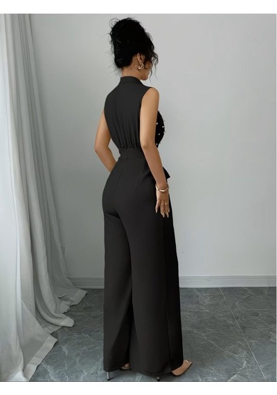 Efnaz Style Kadın Balıkçı Yaka Kolsuz Incili Beli Kuşaklı Uzun Janjan Tulum Siyah