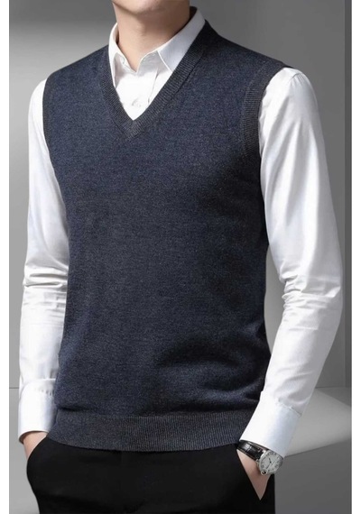 Tezzgelsin Erkek V Yaka Triko Tüylenmez Süveter Erkek Slim Fit Süveter Koyu Füme