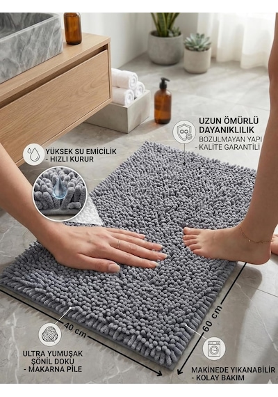Şönil Banyo Paspası, Mikro Elyaf, Beyaz, 40x60 Cm Banyo Halısı, Uzun Tüylü, Yüksek Emicilik, Makinede Yıkanabilir Gri
