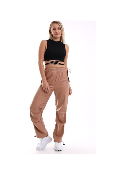 Winmoda34 Kadın Paçası Ayarlanabilir Cebi Kapaklı Yüksek Bel Deri Pantolon Camel