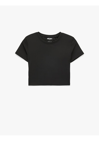 Koton Slim Fit Kısa Kollu Bisiklet Yaka Crop Spor Tişört Siyah 6sak10040nk