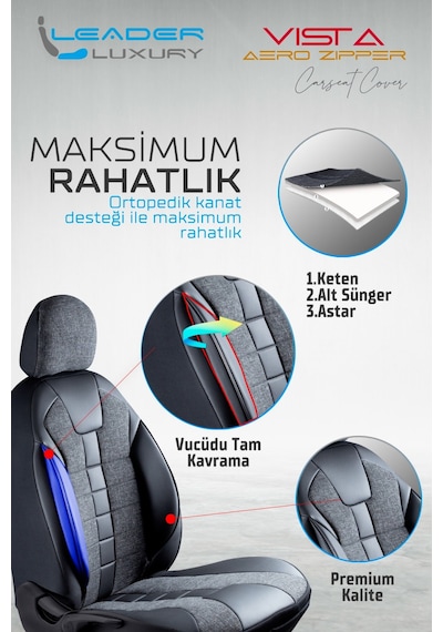 Suzuki Liana Keten Oto Koltuk Kılıfı Ön Arka Set Siyah Vista Seri