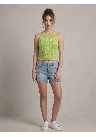Neden Tekstil Kadın Triko Örme Halter Yaka Crop Bluz - Yeşil