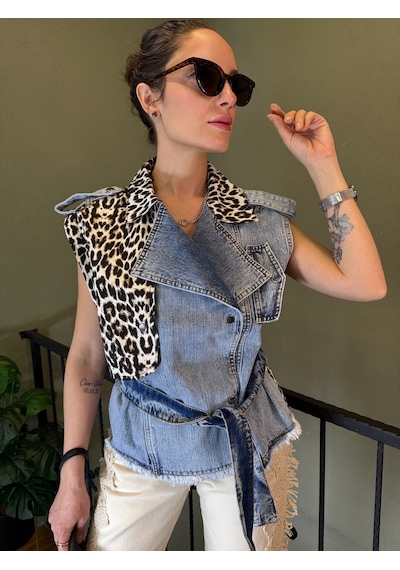 Ali Butik Leopar Detaylı Denim Yelek