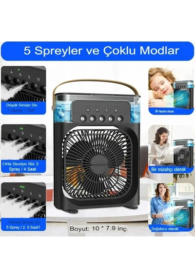 Portatif Hava Nemlendirici Işıklı Aroma Terapi Fan Masaüstü 5 Spray Oda Nemlendiricisi