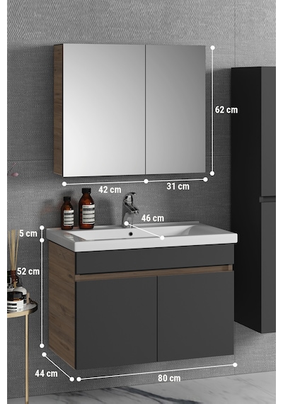 Çiğdem 80 Cm Atlantik Çam-Antrasit Gri Mat Mdf Seramik Lavabolu A Antrasit - Atlantik Çam