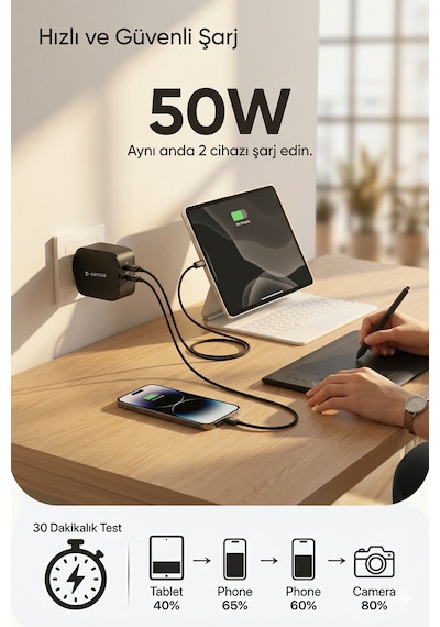 50w Çift Portlu Usb-c Girişli Akıllı Hızlı Şarj Adaptörü