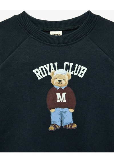 Koton Uzun Kollu Bisiklet Yaka Şardonlu Ayıcık Baskılı Sweatshirt Lacivert 7wmb10014tk