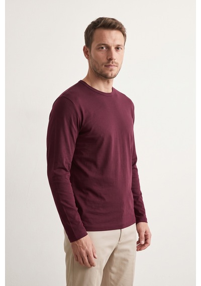 Elemge %100 Pamuk Süprem Basic Erkek T-shirt Compact Penye Tok Yumuşak Kumaş Normal Kalıp Terletmez Uzun Kollu Bordo Sporcu Motorcu Tişört Body