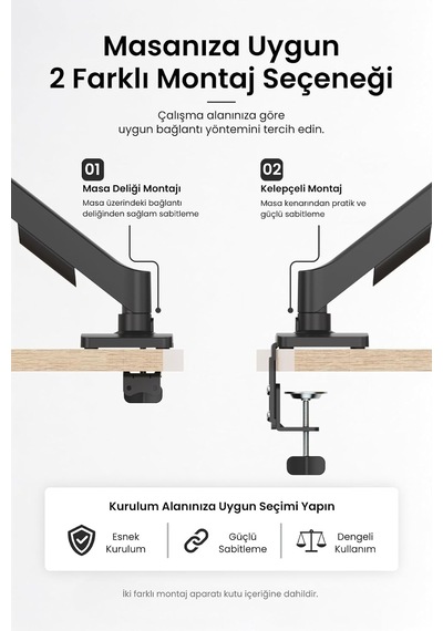 Tek Kollu Monitör Kolu, 17-32, 2-9 Kg, Vesa 75x75/100x100 Uyumlu, Mekanik Yaylı, Tam Hareketli Masa Kelepçeli Monitö