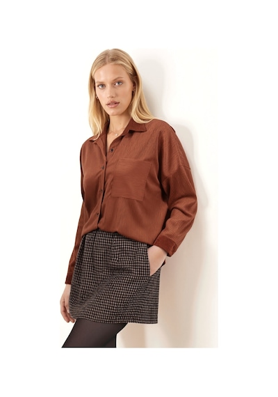 Armonika Kadın Taba Cepli Oversize İnce Fitilli Kadife Gömlek Arm-24k001076