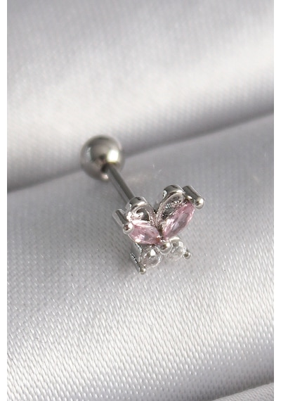 Kaldeon Gümüş Renk Pembe Zirkon Taşlı Kelebek Tragus Piercing - Ebj241123w29392 Çok Renkli