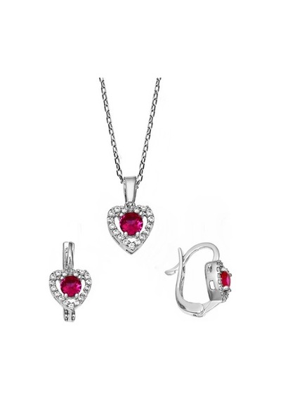 Kalp Motifli Ruby Zirkon Taşlı Gümüş Set - S016802
