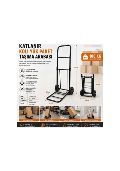 Katlanır Koli Yük Taşıma Arabası 100 Kg Kapasiteli Portatif El Arabası 100x35 Cm Bant Marketim