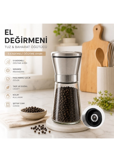 Seramik Öğütücülü 5 Kademe Ayarlı Tuz Ve Karabiber El Değirmeni - 180 Ml Şeffaf Cam Hazne 13 Cm Çok Renkli