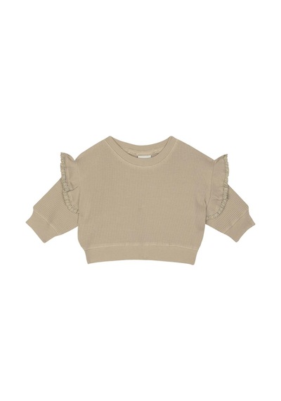 Antebies Organik Gots Sertifikalı Bej Waffle Kumaş, Dantel Detaylı, Uzun Kollu Bebek Sweatshirtü