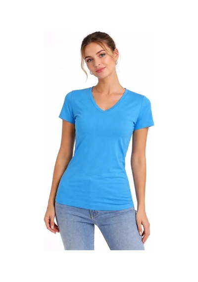 Etiler Collection T-shirt V Yaka Slim Fit Likralı Tişört Günlük Basic Body - Açık Mavi