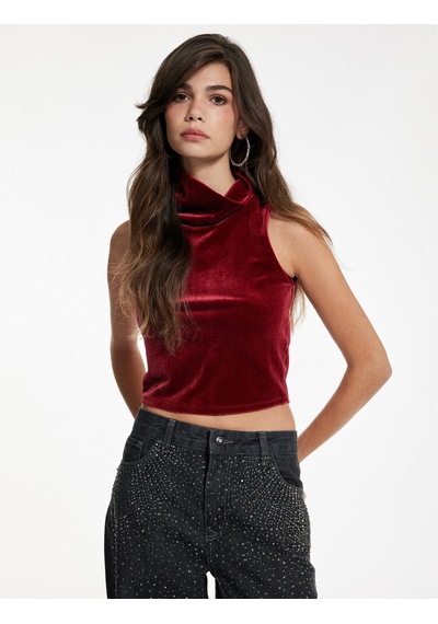 Koton Slim Fit Dik Yaka Kolsuz Crop Kadife Bluz Bordo 6wak10005ek Bordo