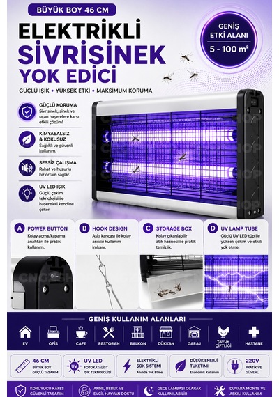 Büyük Boy Elektrikli Sivrisinek Yok Edici 46cm Uv Led Sinek Öldürücü Gece Lambası Haşere Kovucu