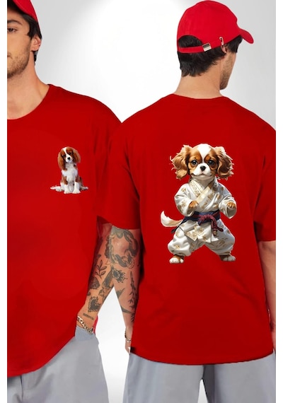 Cavailer King Charles Spaniel Karate Kırmızı Oversize Unisex Ön Ve Sırt Baskılı Tişört Kırmızı