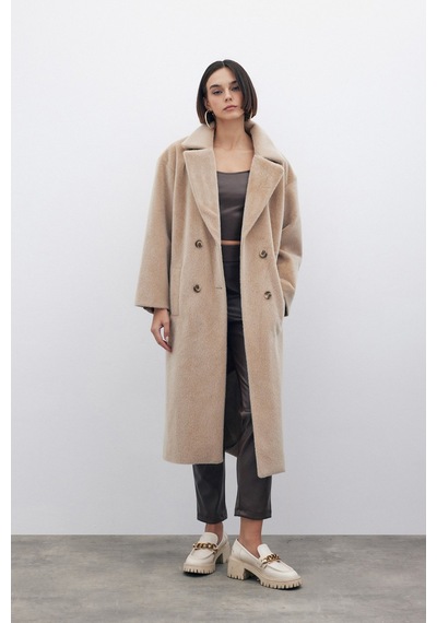 Sateen Düğmeli Kaşe Kaban - Bej-135227 Bej