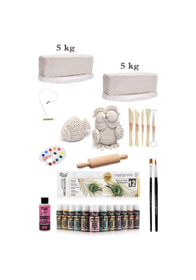 Vakumlu Çamuru Beyaz 5x2 Kg Rich Master Mix 60cc Akrilik 12'li Metal Renk Seramik Başlangıç Seti