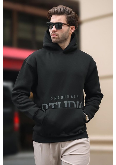 Siyah Kapüşonlu Baskılı Cep Detaylı Sweatshirt E7076 Siyah