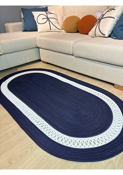 Mavaux Lotus Jüt Hasırlı El Örgüsü Kilim Lacivert - Beyaz