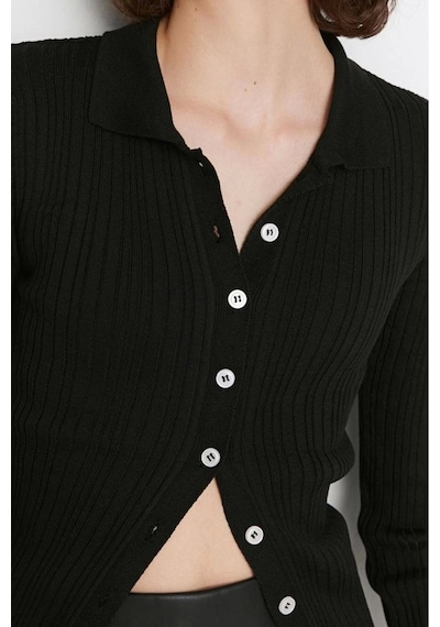 Ersefa Kadın Modern Tarz Slim Polo Yaka Regular Triko Hırka Siyah