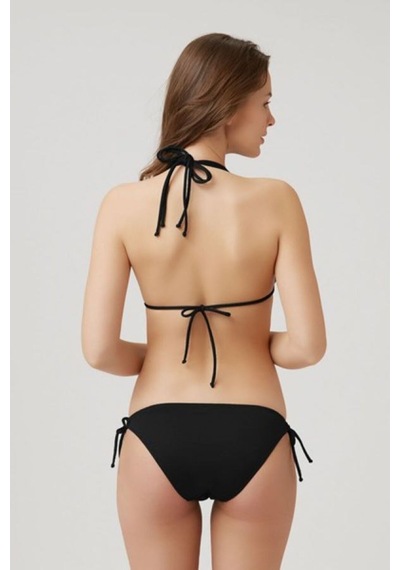 Kom Boyundan Bağlamalı Çıkarılabilir İnce Kaplı Fabyos İpli Dokulu Üçgen Bikini Siyah