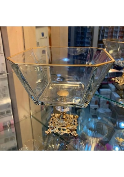 Atabey Home Metal Ayaklı Gold Detaylı Cam Büyük Boy Salata Servis Kasesi