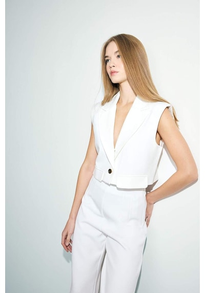Defacto Cropped Fit Ceket Yaka Blazer Yelek F7498ax25auer105 Ekru