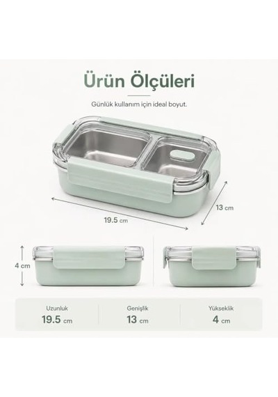 2 Bölmeli Termos Yemek Kabı, Paslanmaz Çelik, Sızdırmaz Kapak, 850 Ml, Su Yeşili