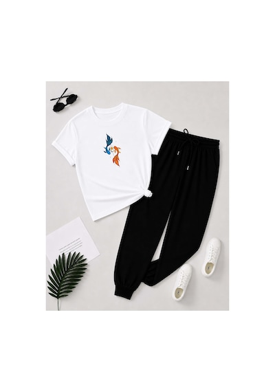 Herkesemoda Baskı Detaylı T-shirt Eşofman Takımı Beyaz