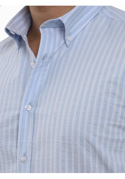 Dufy Mavi Erkek Slim Fit Çizgili Düğmeli Yaka Uzun Kol Gömlek - 104900-mavi Mavi