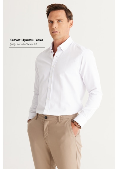 AC&Co / Altınyıldız Classics  Erkek Beyaz Slim Fit Dar Kesim Oxford Düğmeli Yaka Armürlü Pamuklu Gömlek Beyaz