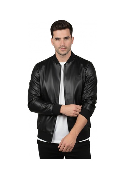Deepsea Siyah Erkek Suni Deri Ceket / Mont Dar Kesim Kolej Yaka Taş Detaylı 2600659 Siyah