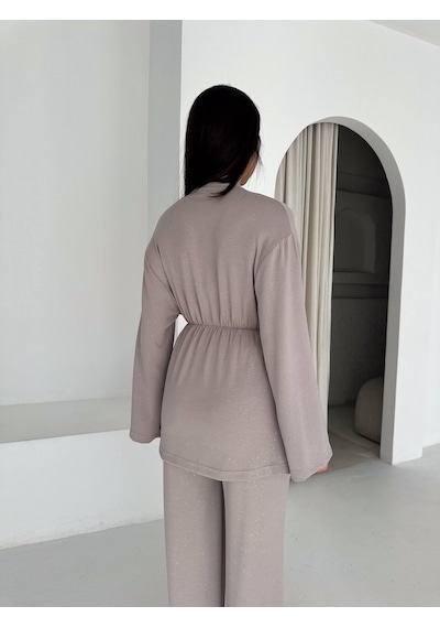 Kadın Simli Uzun Kol Modal Kumaş Kimono Pantolon İkili Takım Şık Ve Rahat Kadın Takım Bej