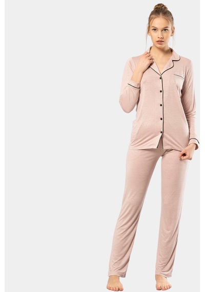 Türen Düz Uzun Kollu Gömlek Yaka Pijama Takım 3365/pudra 001