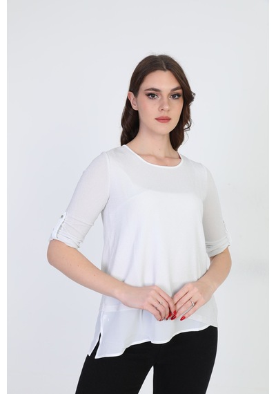 Ella Camelia Kadın Asimetrik Tül Detaylı Bluz 042 Ekru