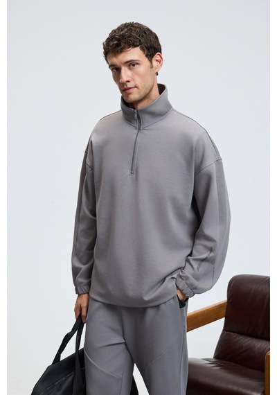Grimelange EDISON Erkek Yarım Fermuarlı Kolu Baskılı Dik Yaka Koyu Gri Sweatshirt