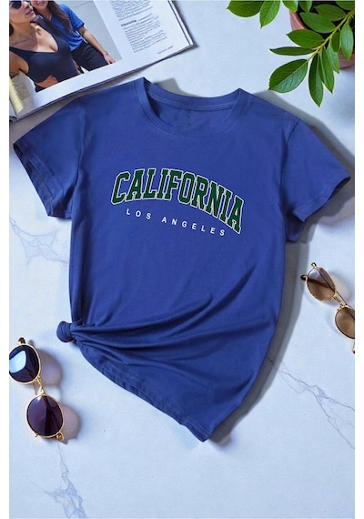 Uyguntarz Unisex Calıfornıa Baskılı Tasarım Tshirt Mavi