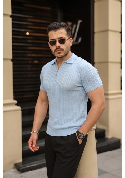 Veraura Lifestyle Erkek Örgü Desen Fermuar Yakalı Triko Tişört Bebe Mavisi