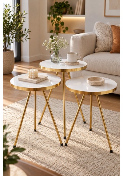 Sulorahome Gold Metal Ayaklı Beyaz 3'lü Zigon Sehpa Takımı Sehpalar Beyaz Ayakları Gold
