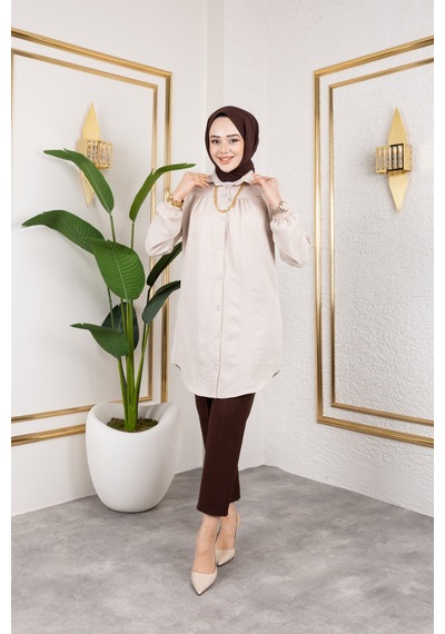 Nevayla Moda Önü Büzgülü Bilek Lastikli Tunik - Bej / Ü104 Bej