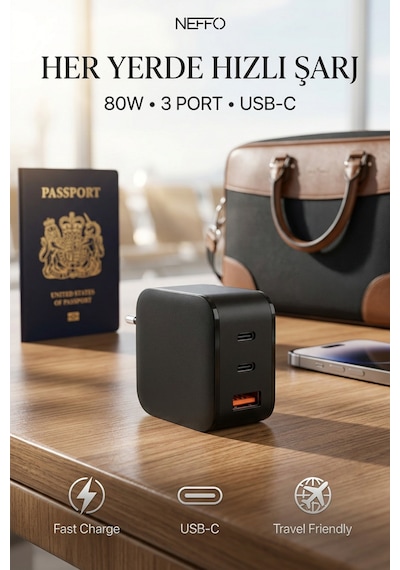 80w Çift Portlu 2x Usb-c Usb-a Girişli Akıllı Hızlı Şarj Adaptörü