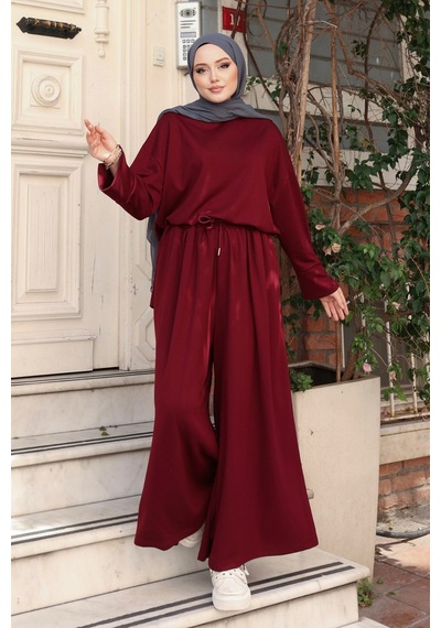 Balenbi Oysh Modal Kumaş Salaş Kesim Bol Paça Tesettür Tunik Takım 3833 Bordo