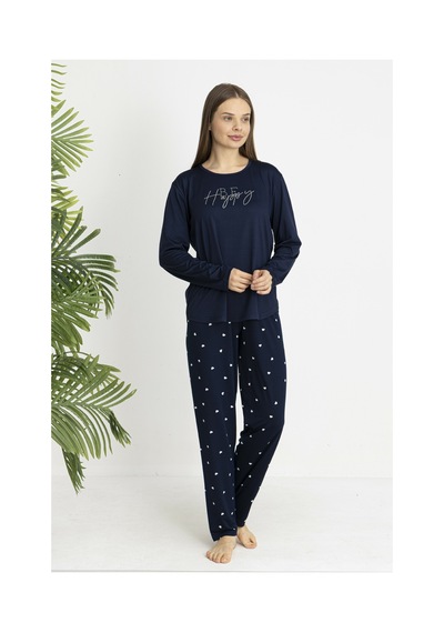 Estiva Kadın Kalp Alt Desenli Soft Uzun Kollu Pijama Takımı Lacivert