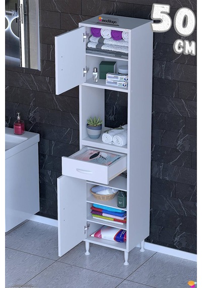 Arda 50 Cm 2 Kapaklı 7 Raflı Ve Çekmeceli Çok Amaçlı Banyo Dolabı 50 Cm